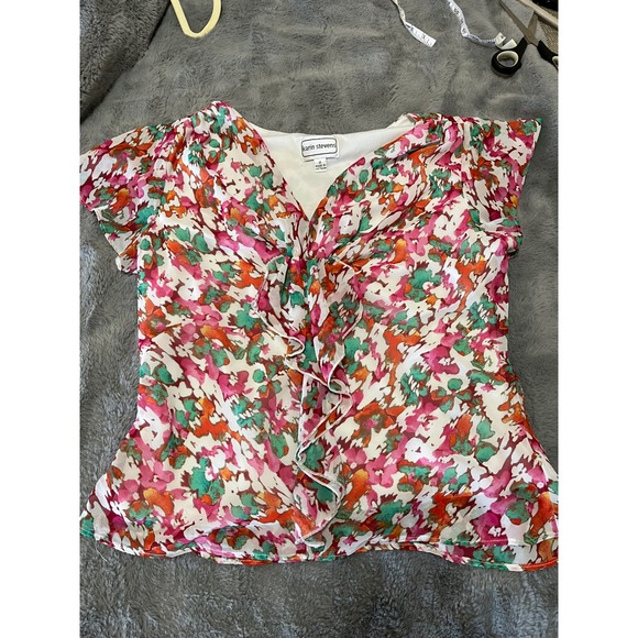 Karin Stevens Womens 2 Piece Skirt Set Pink Green Floral Ruffle Chiffon Size 10 - Picture 4 of 10